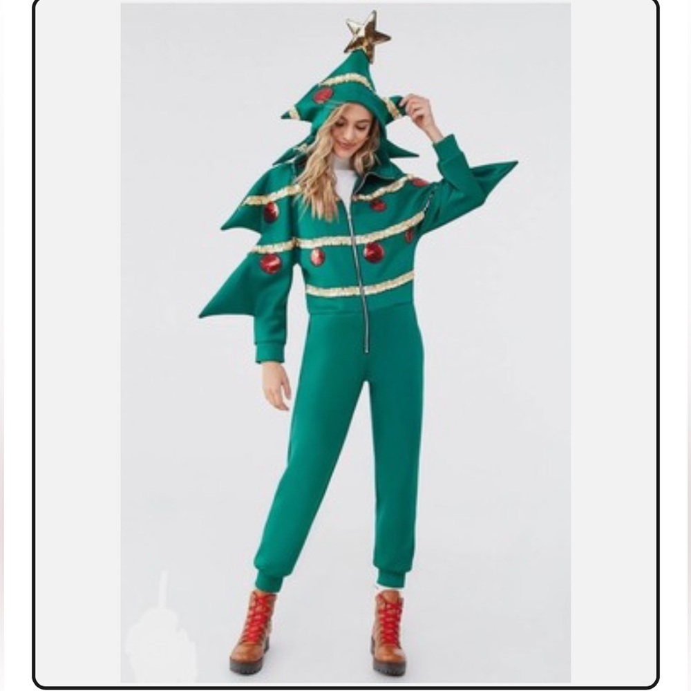 Forever 21 Festive Green Christmas Tree Jumpsuit